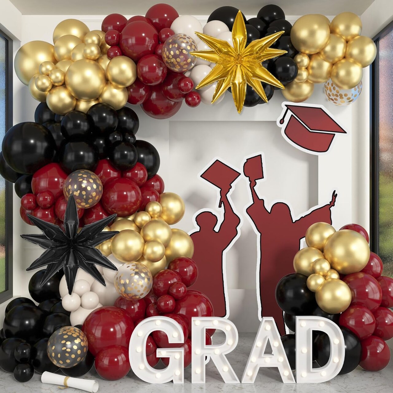 145Pcs Burgundy and Gold Graduation Balloon Arch Kit - Maroon Black and Gold Garland with Star Foils & Confetti Balloons - Class of 2026 Party Decorations for College and High School